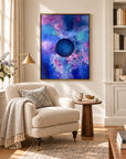 Bold framed canvas print in a reading nook