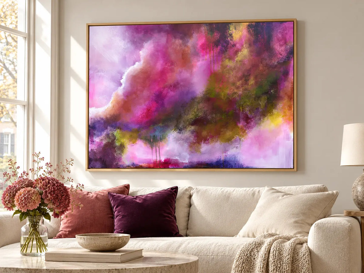 The Gift original abstract painting in an oak float frame, cropped artwork view