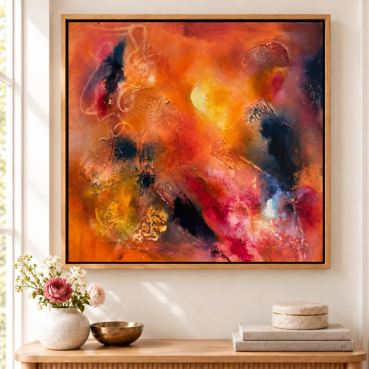 Astrid original artwork — 20 × 20 inches, oak float frame, scene 01