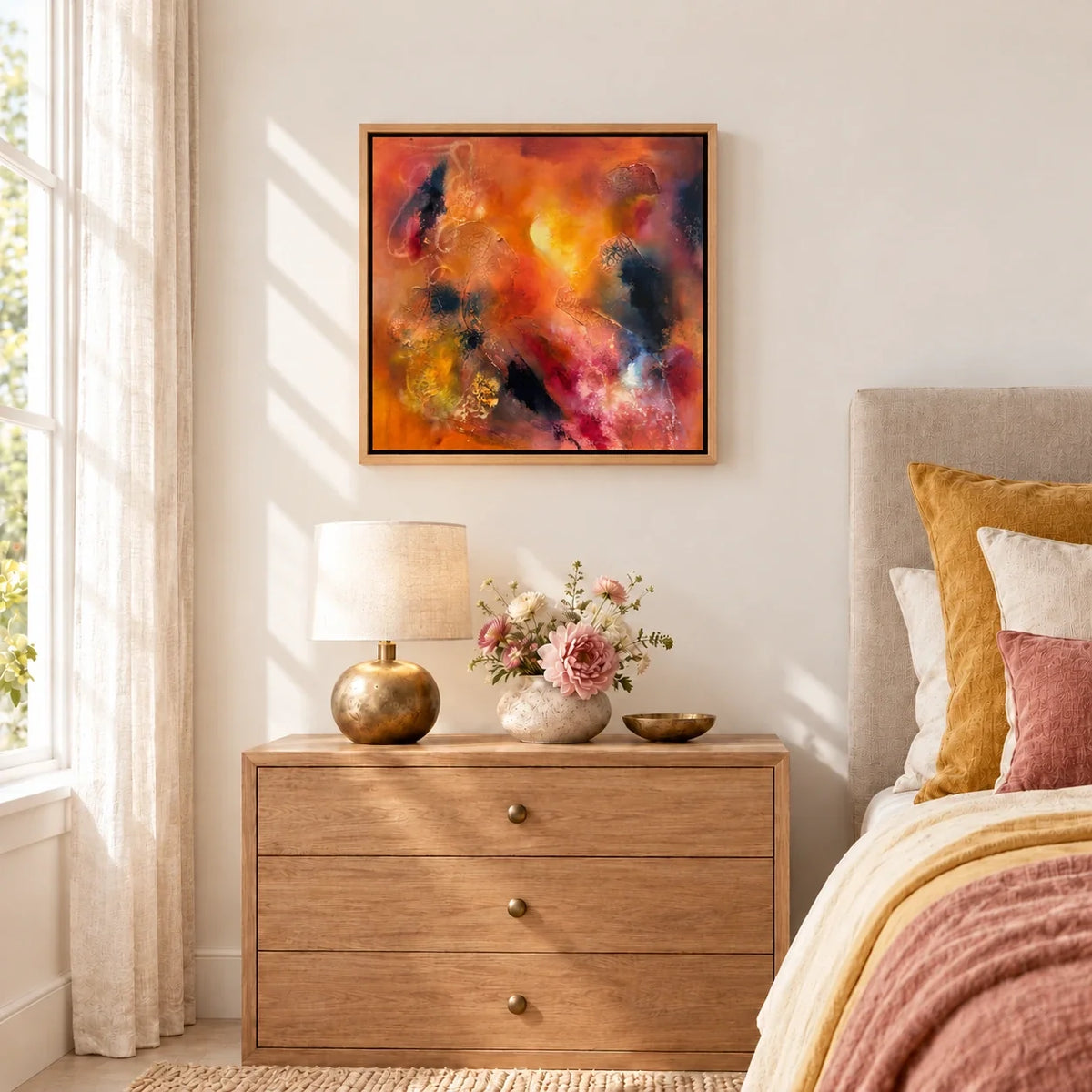 Astrid original artwork — 20 × 20 inches, oak float frame, scene 04