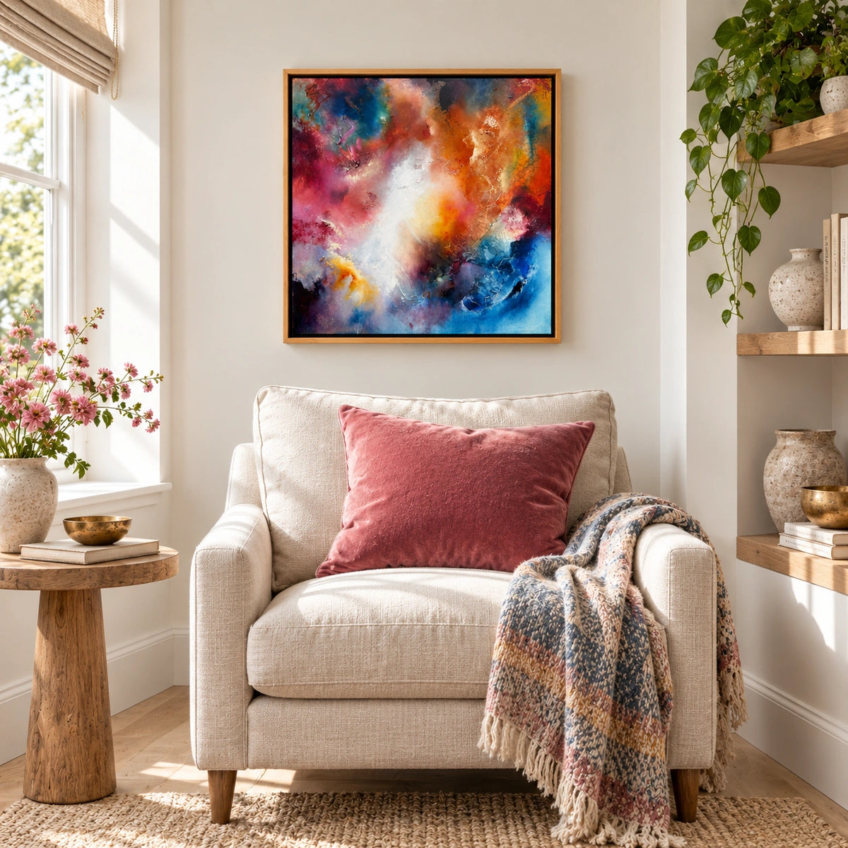 Beatrix original artwork, 20 × 20 inches, oak float frame — Light Editorial scene 02