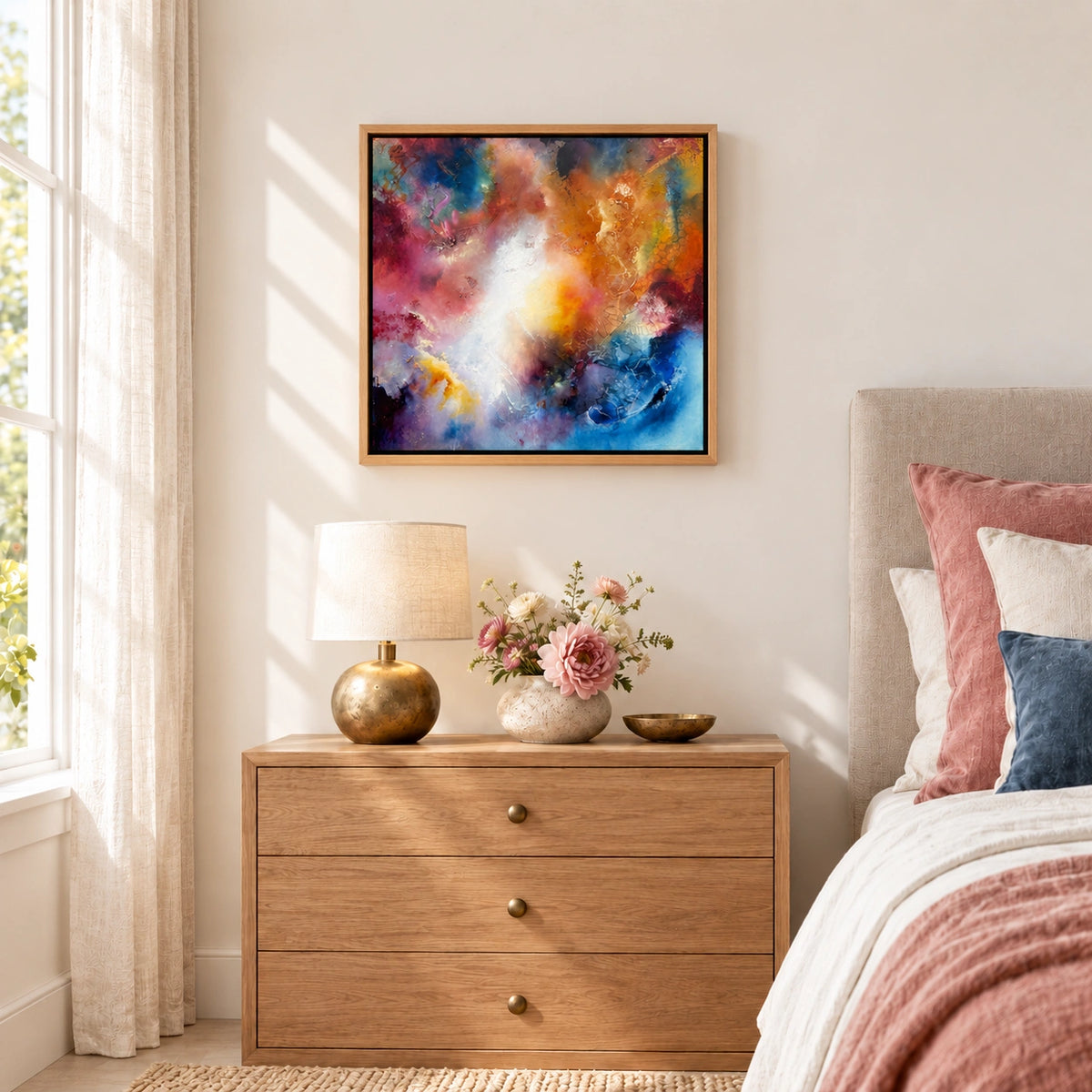 Beatrix original artwork, 20 × 20 inches, oak float frame — Light Editorial scene 04