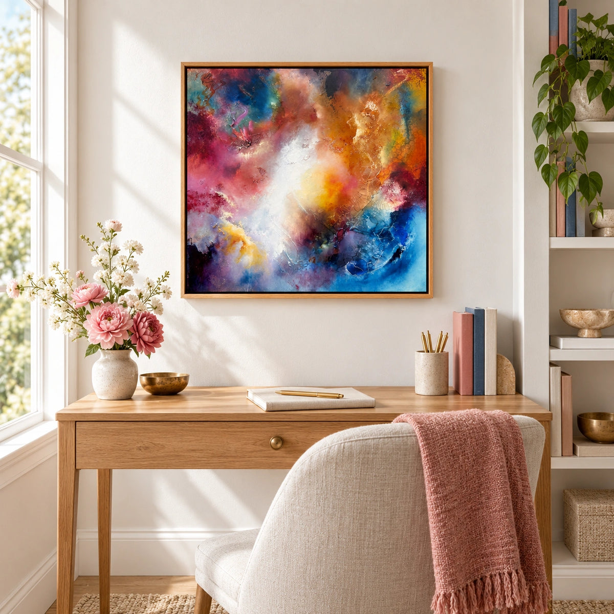 Beatrix original artwork, 20 × 20 inches, oak float frame — Light Editorial scene 05