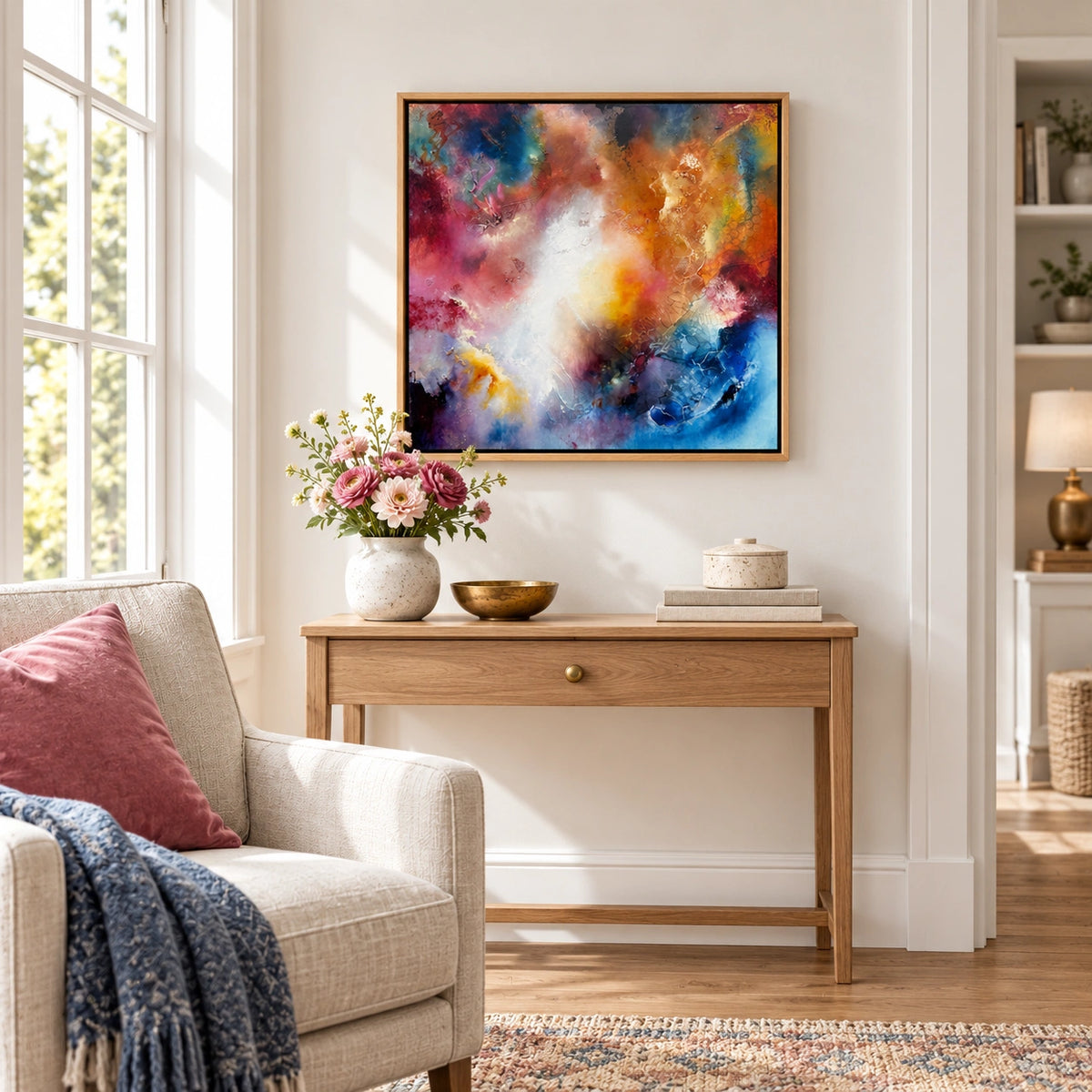 Beatrix original artwork, 20 × 20 inches, oak float frame — Light Editorial scene 06