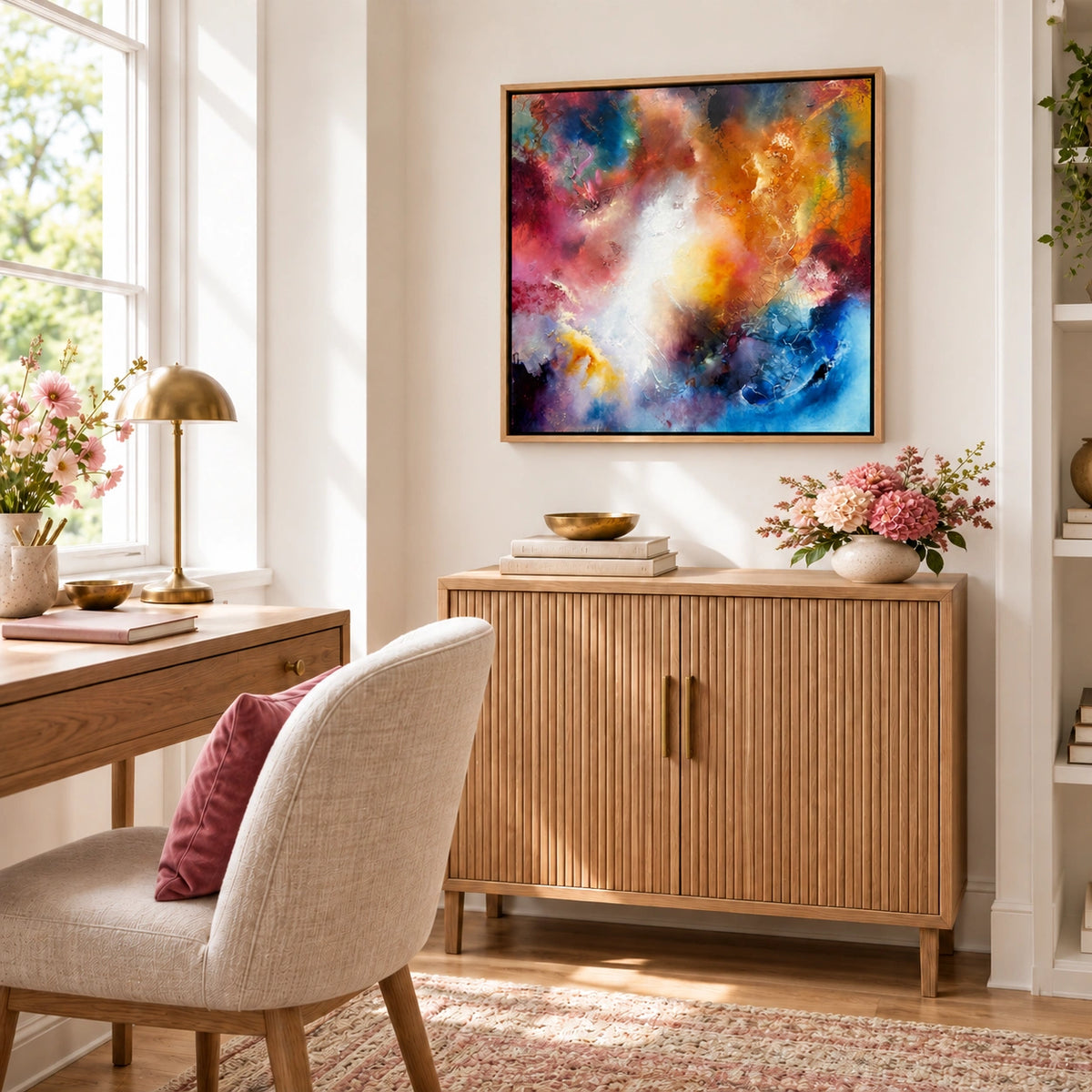 Beatrix original artwork, 20 × 20 inches, oak float frame — Light Editorial scene 08