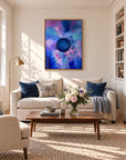 Bold framed canvas print in a light editorial living room