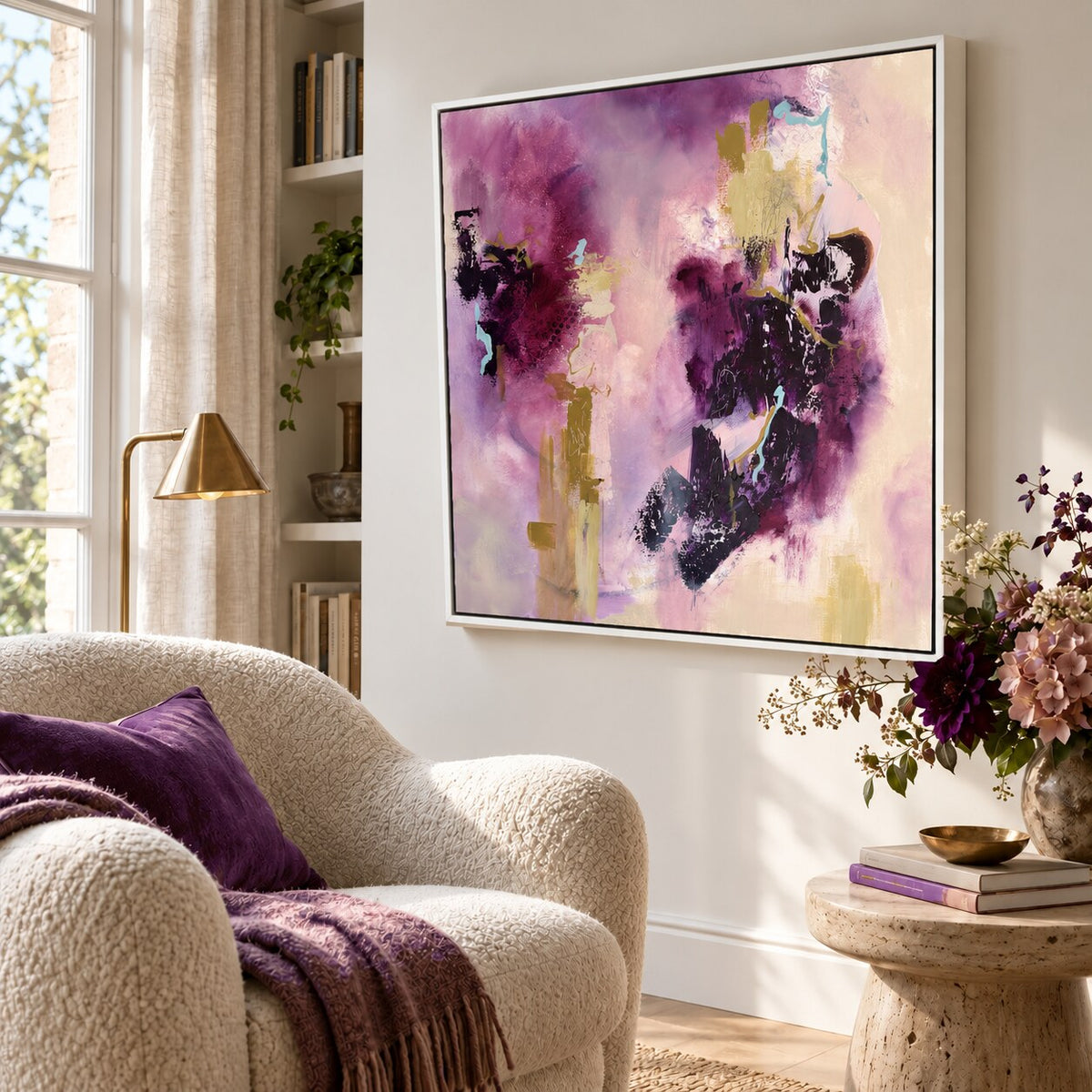 Connection original artwork in a premium white float frame — angled reading nook showing 40 mm depth | Nicola Bird