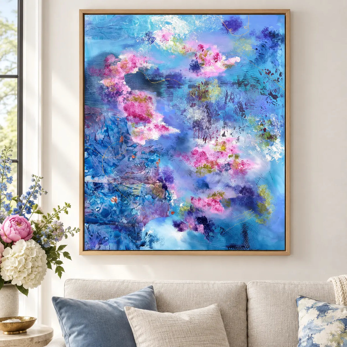 Exuberance framed canvas print in a light editorial interior