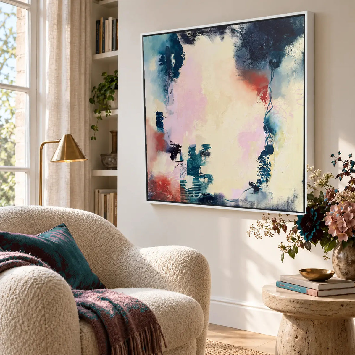 Inclusion original artwork in a premium white float frame — reading nook | Nicola Bird