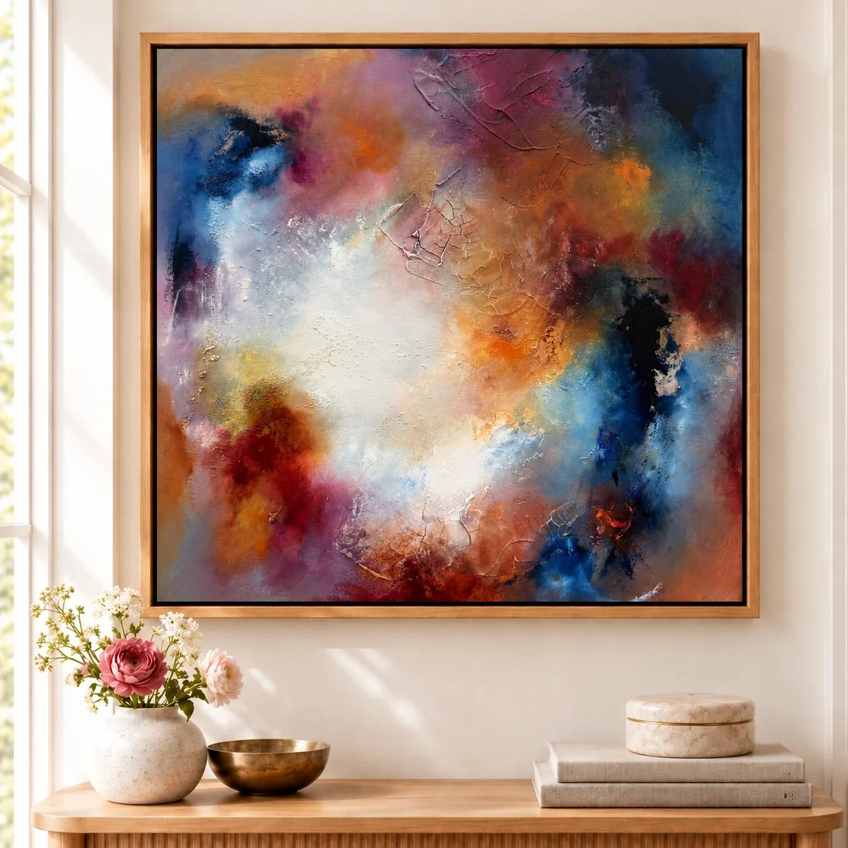 Phoebe original artwork — 20 × 20 inches, oak float frame, scene 01