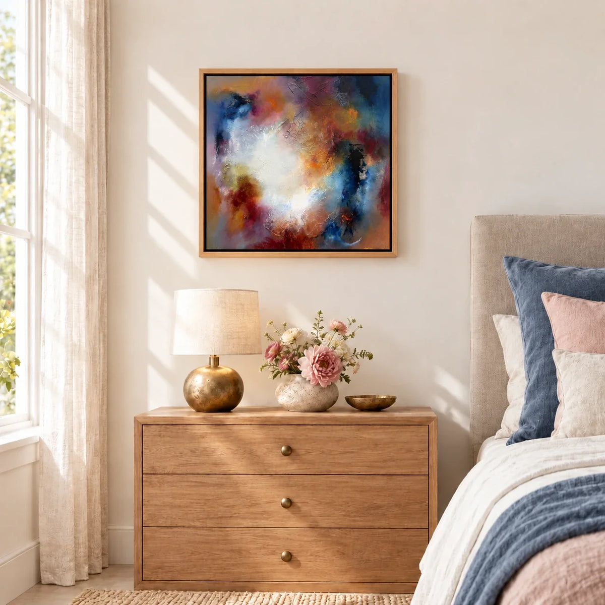 Phoebe original artwork — 20 × 20 inches, oak float frame, scene 04