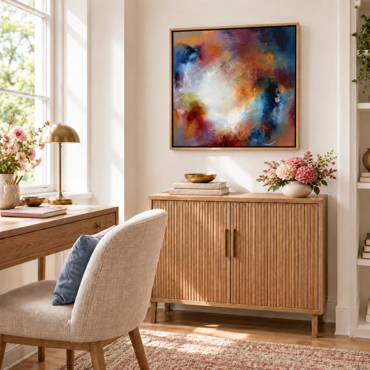 Phoebe original artwork — 20 × 20 inches, oak float frame, scene 08