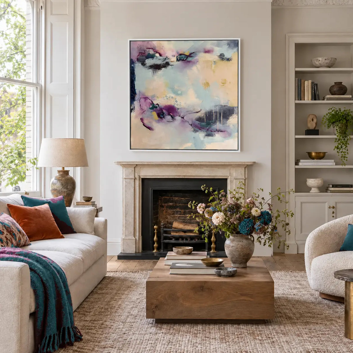 Reciprocity original artwork in a premium white float frame — living room | Nicola Bird