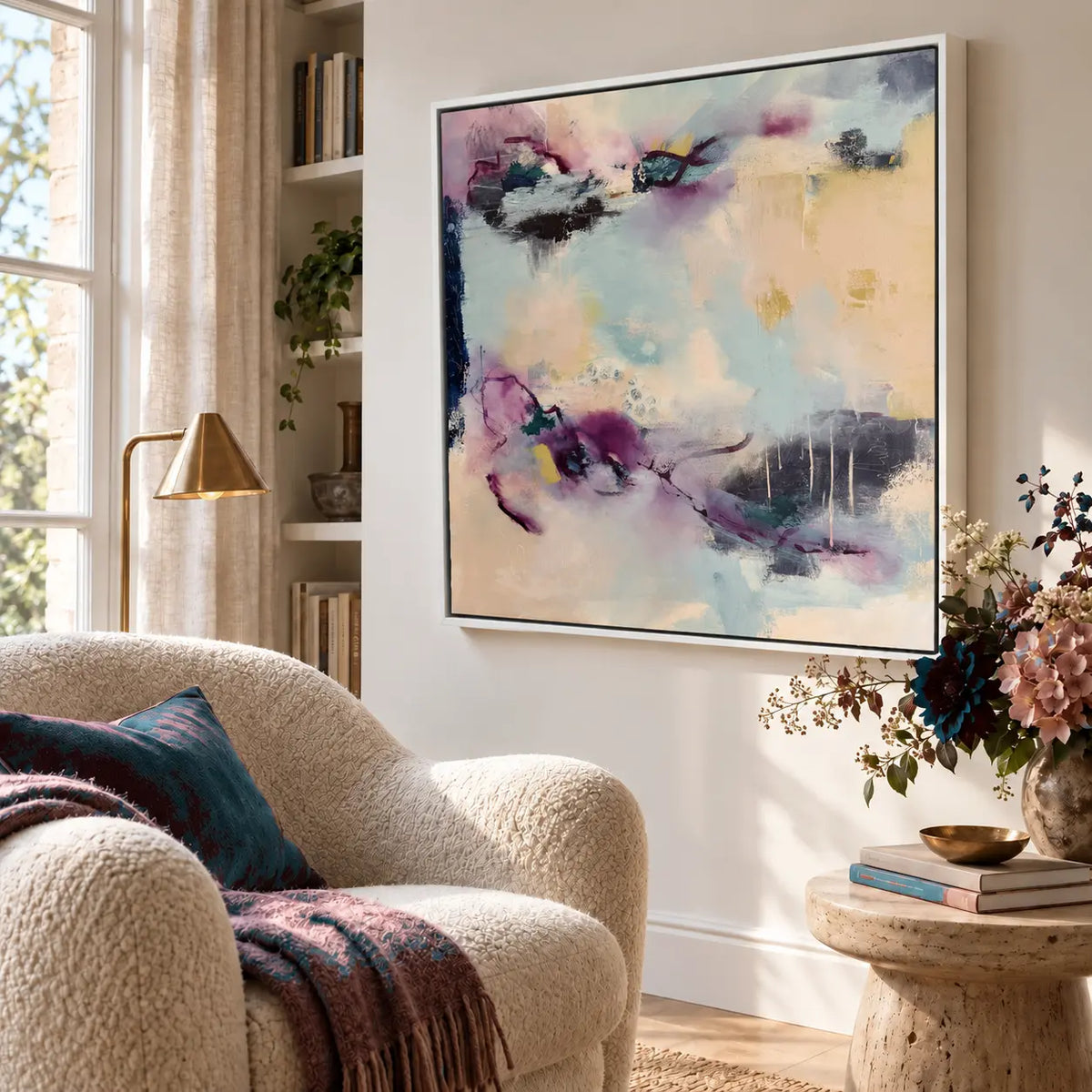 Reciprocity original artwork in a premium white float frame — angled reading nook showing 40 mm depth | Nicola Bird