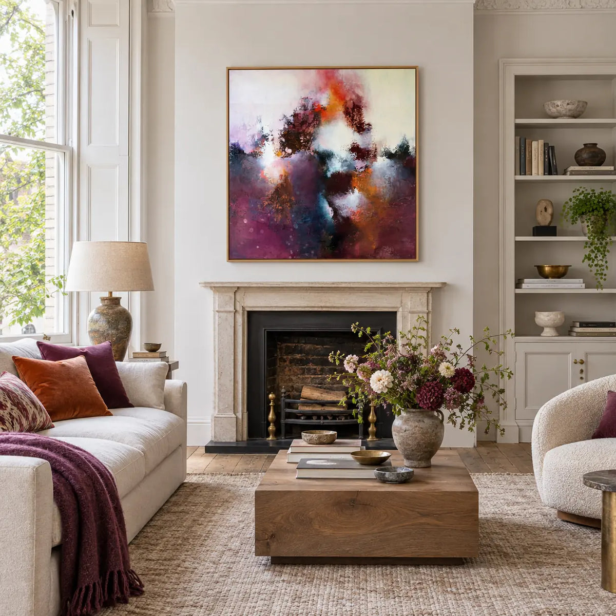 Sunrise Ruby original artwork in an oak float frame — living room | Nicola Bird