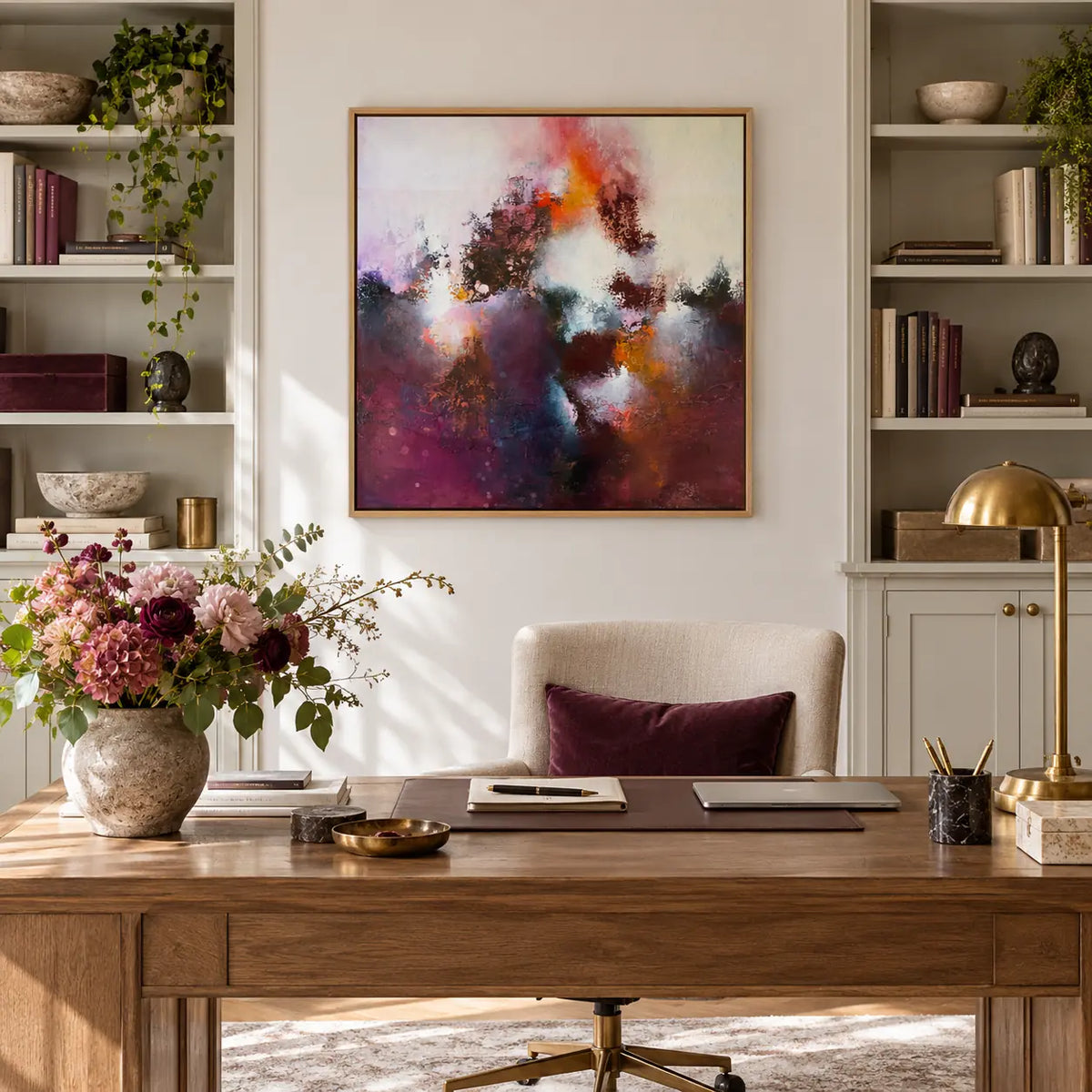 Sunrise Ruby original artwork in an oak float frame — office | Nicola Bird