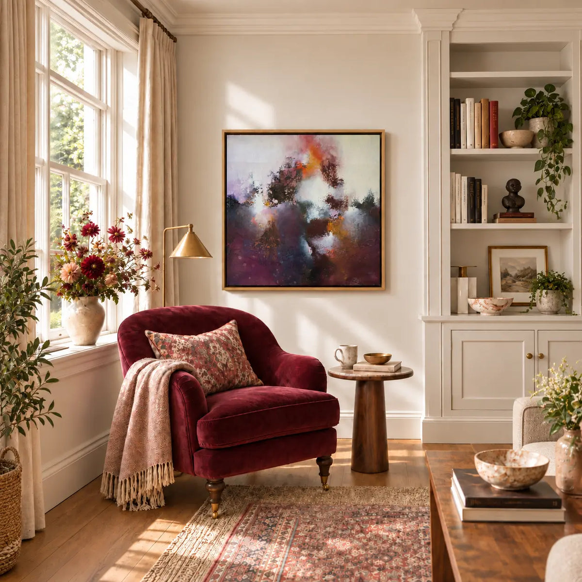 Sunrise Ruby framed canvas print in a light-filled reading nook