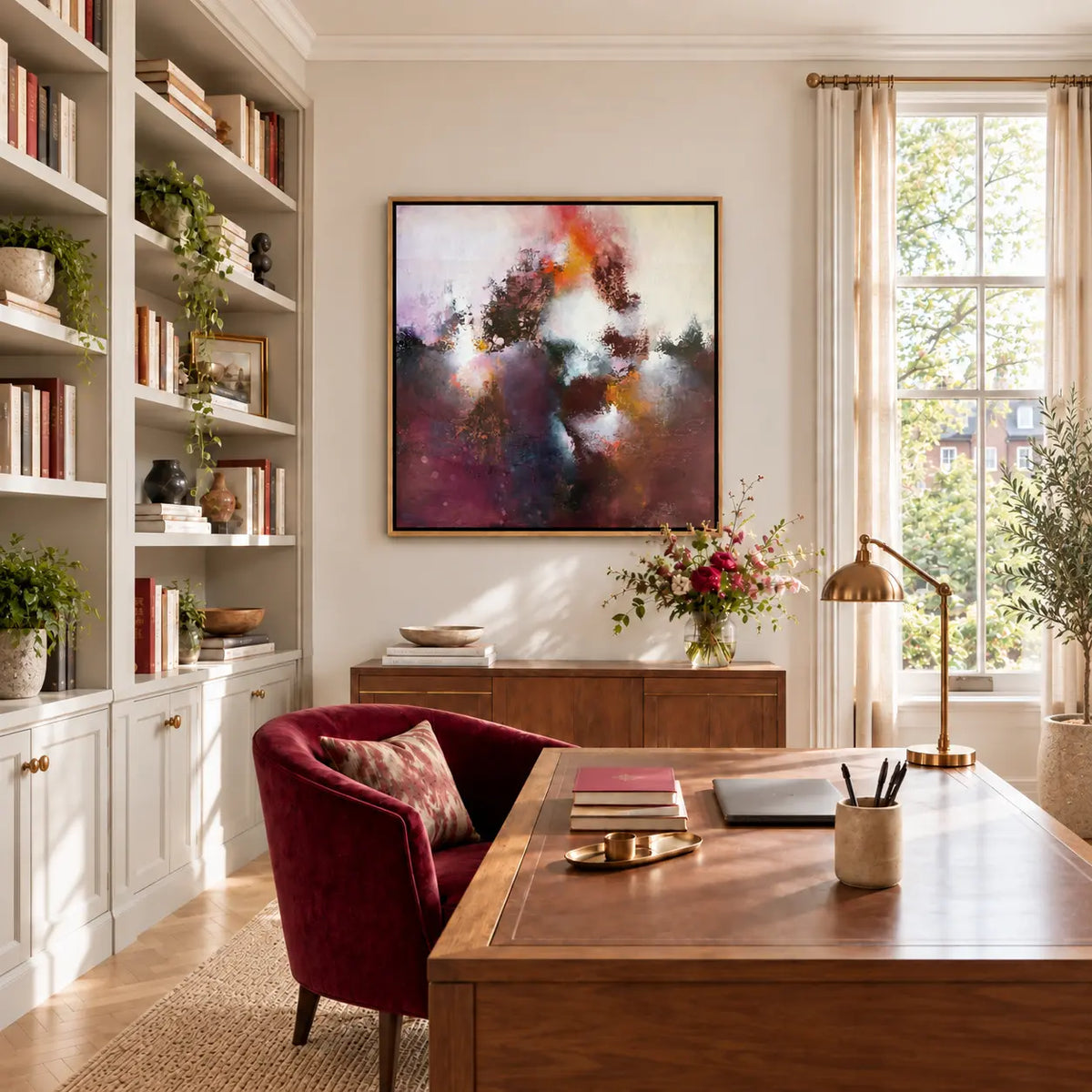 Sunrise Ruby framed canvas print in an elegant writing room
