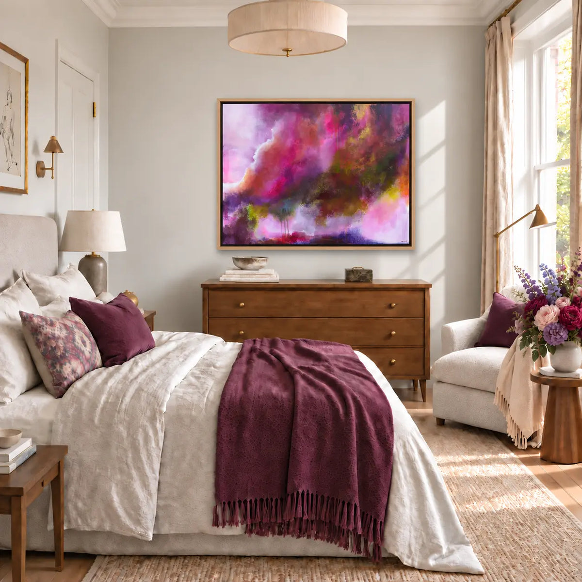 The Gift framed canvas print centred above a bedroom dressing table