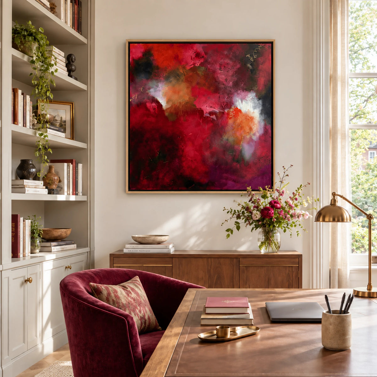 The Lover oak float-framed canvas print in an editorial home office by Nicola Bird